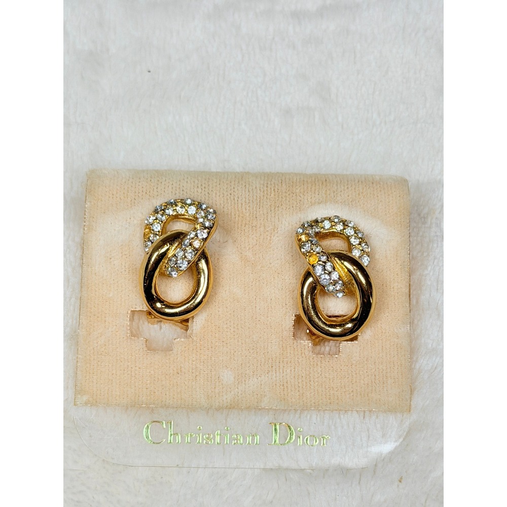 Christian Dior Women Gold Tone Rhinestone Interlocking Loop Clip On Earrings MC